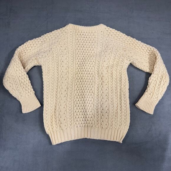 Purple Heather Handknit Ireland Wool CableKnit Sweater Crewneck Cream L Flaw - Picture 4 of 7